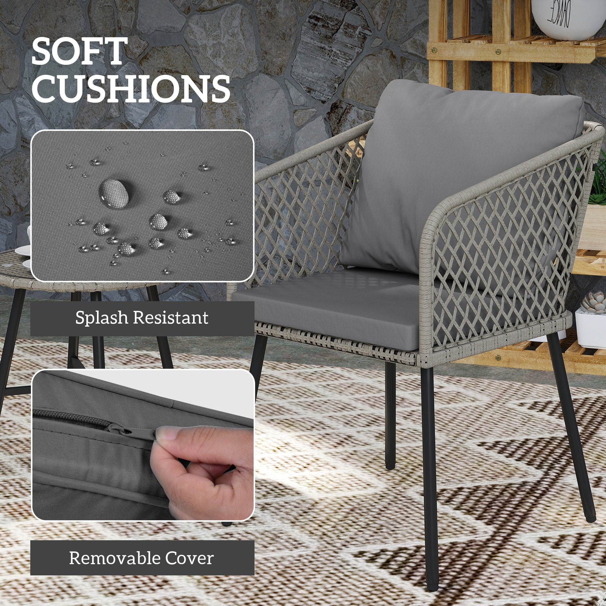 Outsunny Three-Piece Cut-Out Rattan Chair and Table Set - Grey