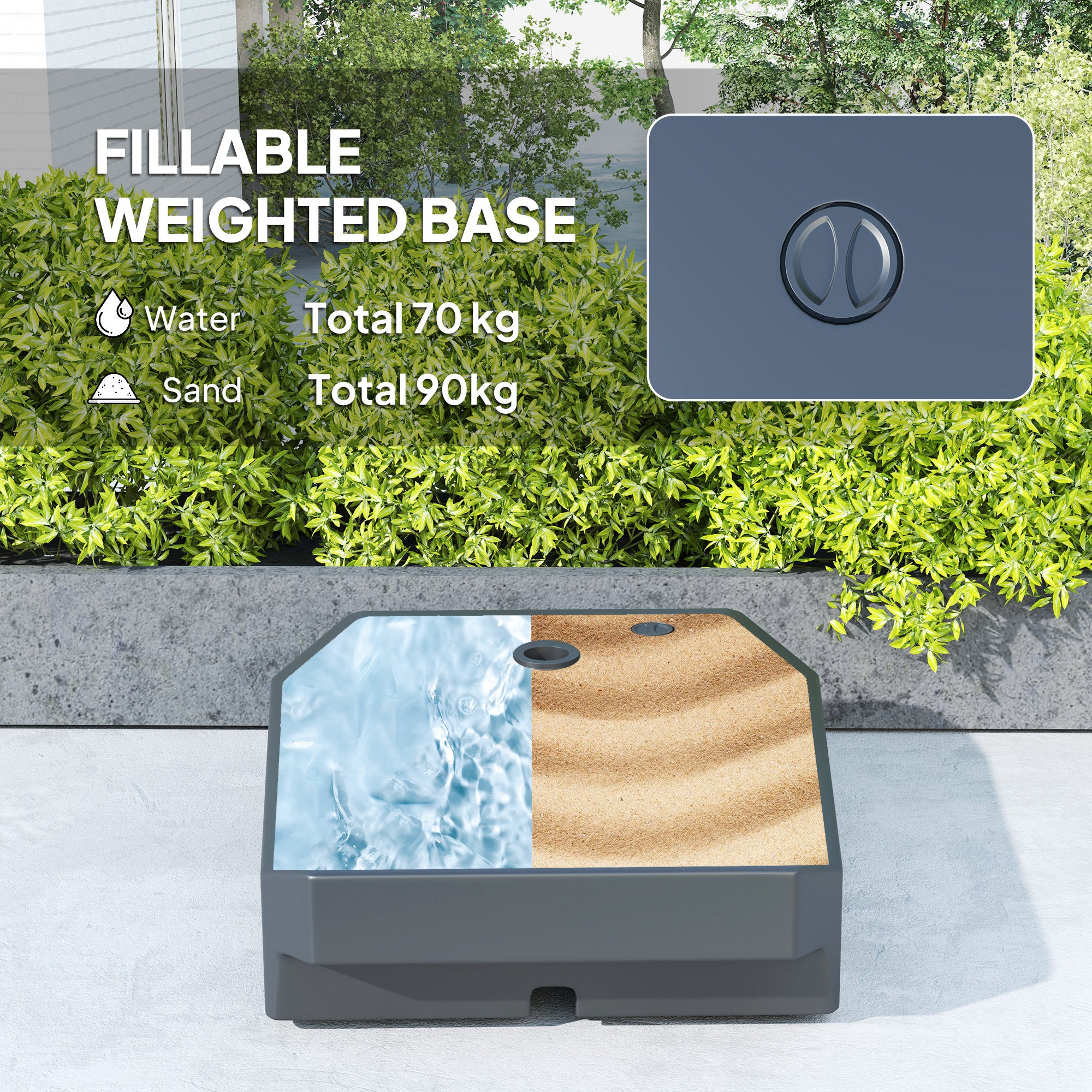 Outsunny 3(m) Garden Cantilever Parasol with Fillable Base up to 90kg, Wind Protection Strap, Cover, Round Banana Hanging Umbrella with Crank Handle and Tilt, UPF50+ Patio Umbrella, Grey