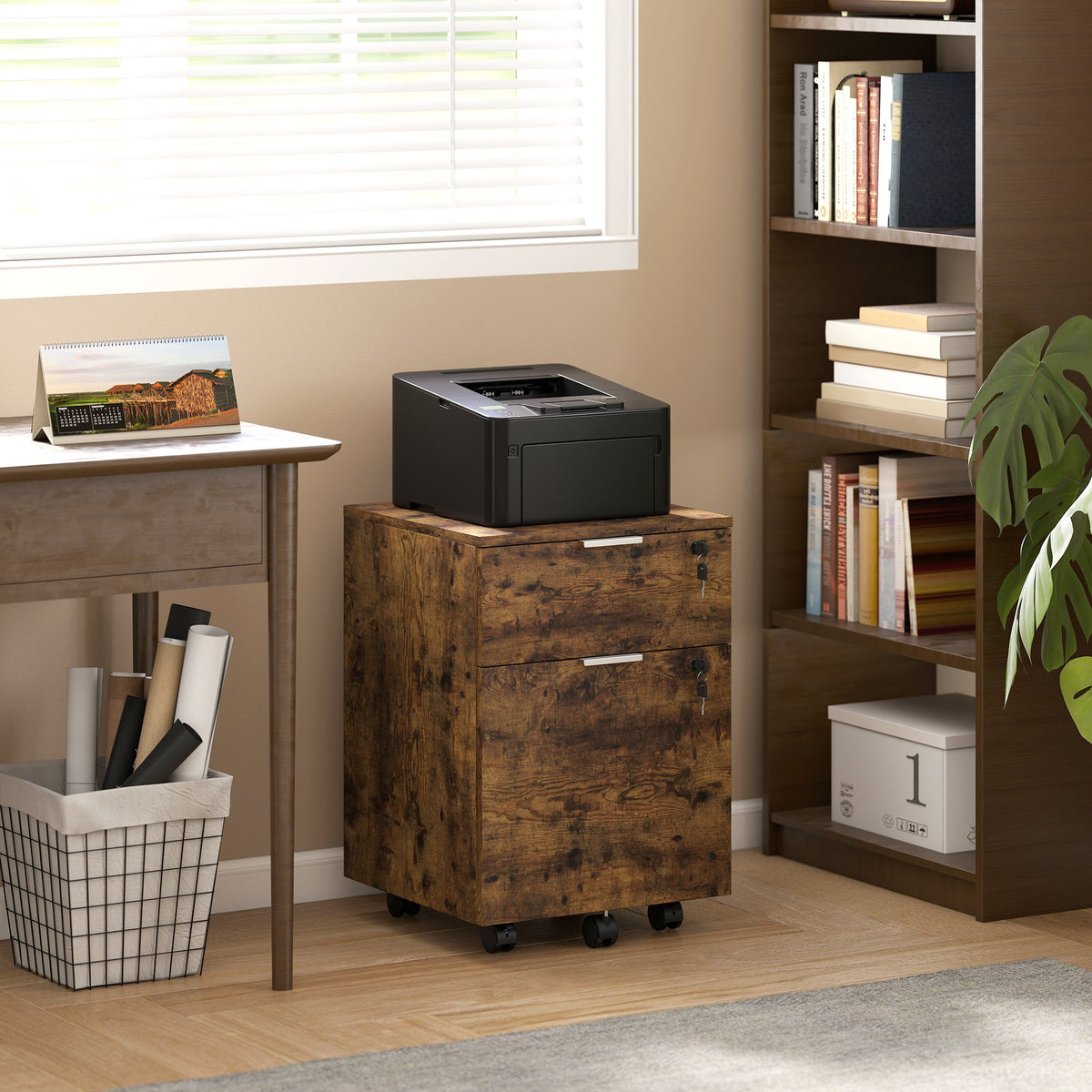 HOMCOM Two-Drawer Lockable Filing Cabinet - Black and Rustic Brown