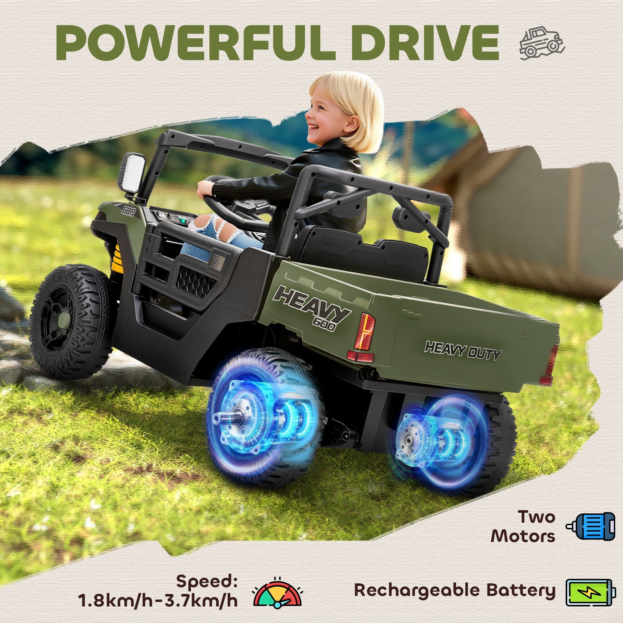 AIYAPLAY Kids Ride on Car, 12V Electric Kids UTV with Electric Dump Bed, 4-Wheel Suspension for 3-8 Years, Green
