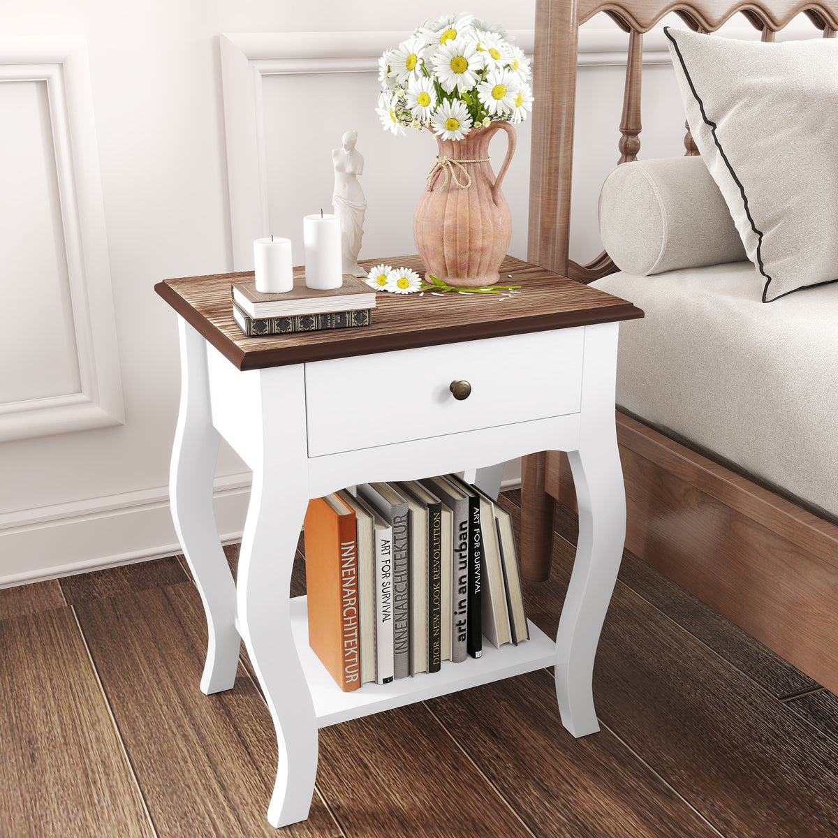HOMCOM 2pcs Bedside Tables with Drawer, French Style Bedside Cabinets with Open Shelf for Bedroom, Living Room, White