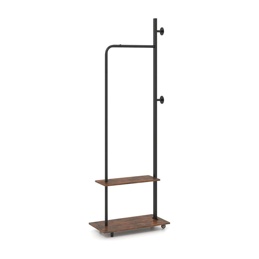 Freestanding Clothing Rack with Wheels and Hanging Rod in rustic brown with two shelves