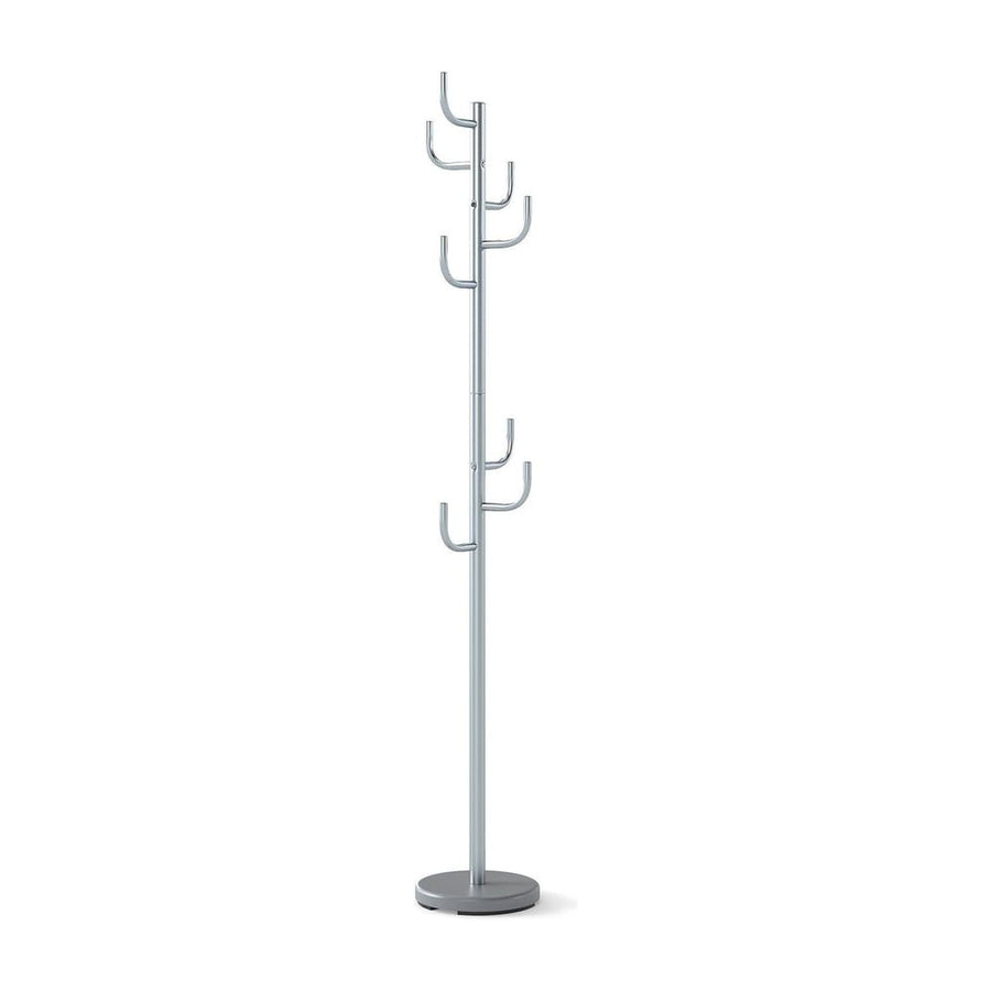Freestanding Coat Rack with 8 L-shaped hooks and two adjustable heights in silver