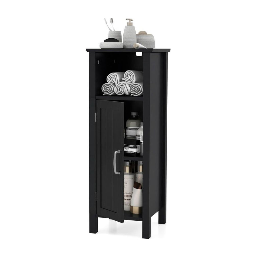 Freestanding Narrow Bathroom Storage Organizer Rack Stand with Door and Adjustable Shelf-Black