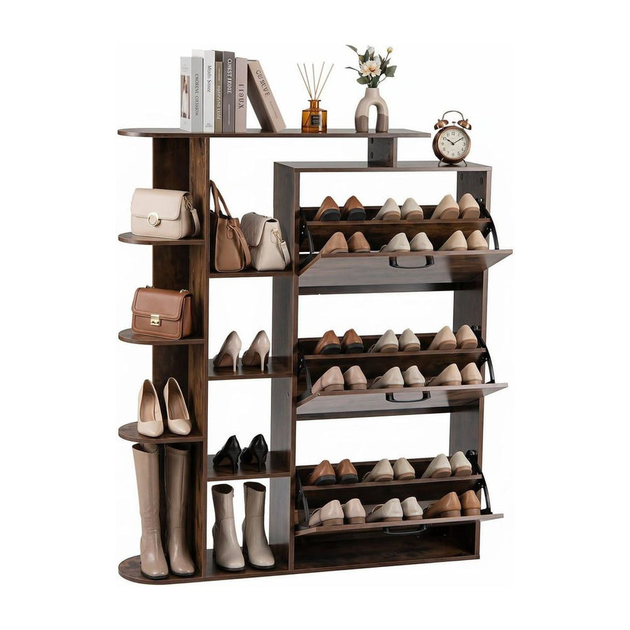 Freestanding Shoe Organizer with 3 flip drawers and 8 adjustable shelves in rustic brown