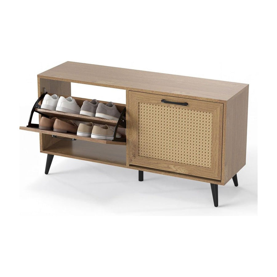 Freestanding Shoe Storage Cabinet with one open drawer showing shoes and one closed rattan door