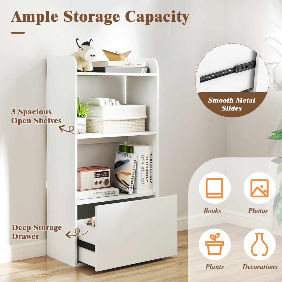 Freestanding Bookshelf with 3-Tier Open Shelf and Drawer-White