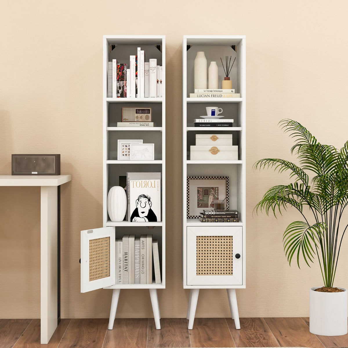 Freestanding Slim Cabinet with Rattan Door and Solid Wood Legs-White