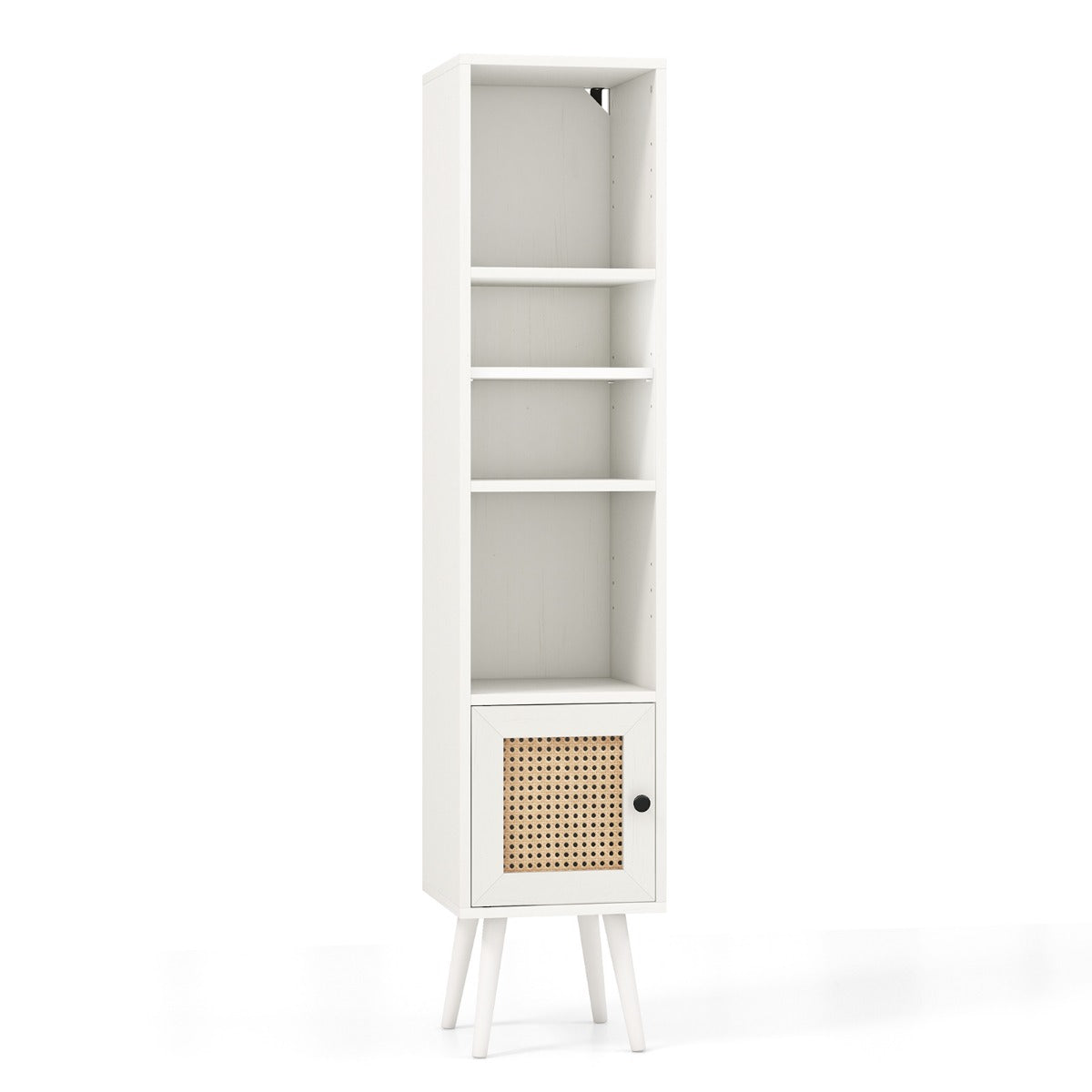 Freestanding Slim Cabinet with Rattan Door and Solid Wood Legs-White