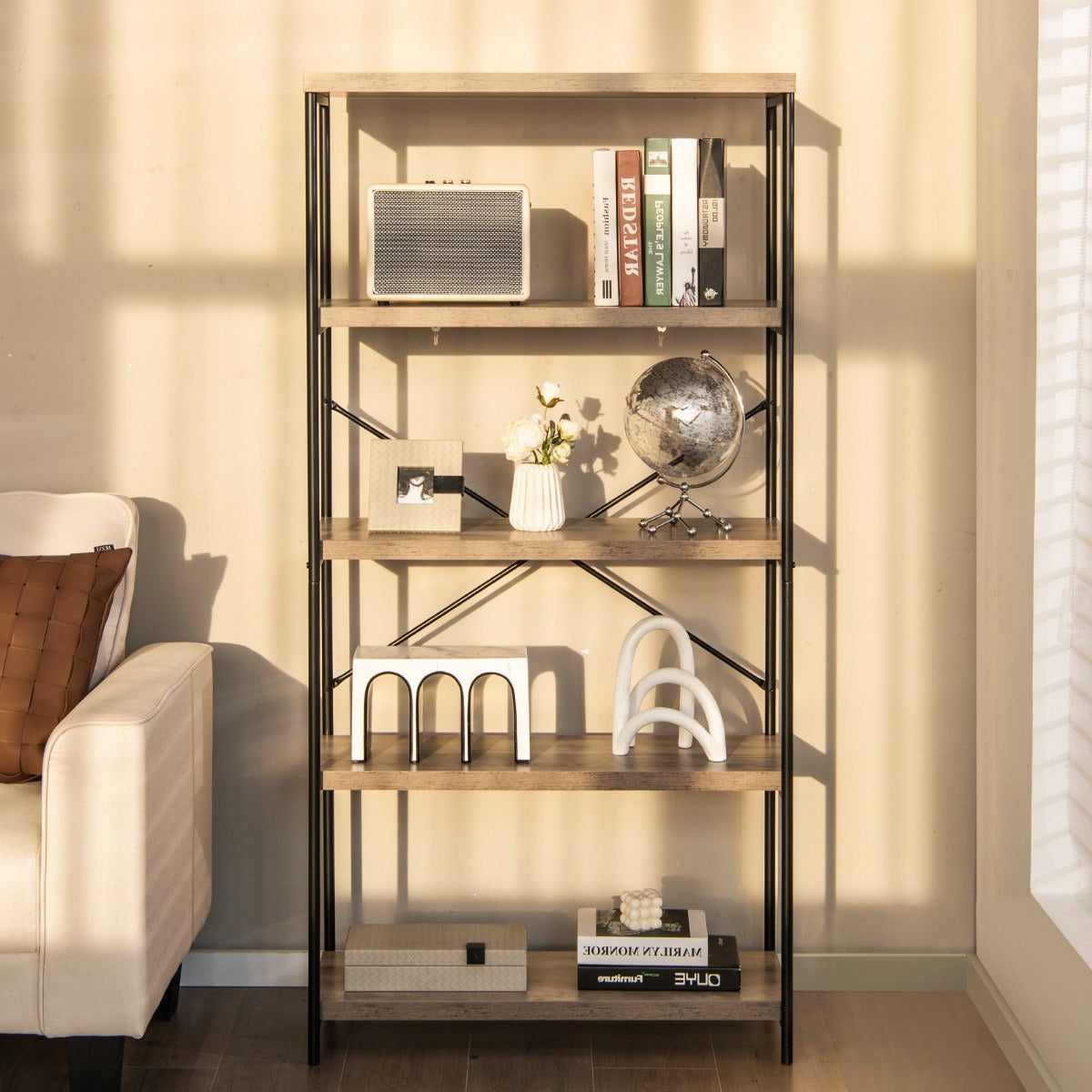 Freestanding Wooden 5-Tier Storage Bookshelf-Grey