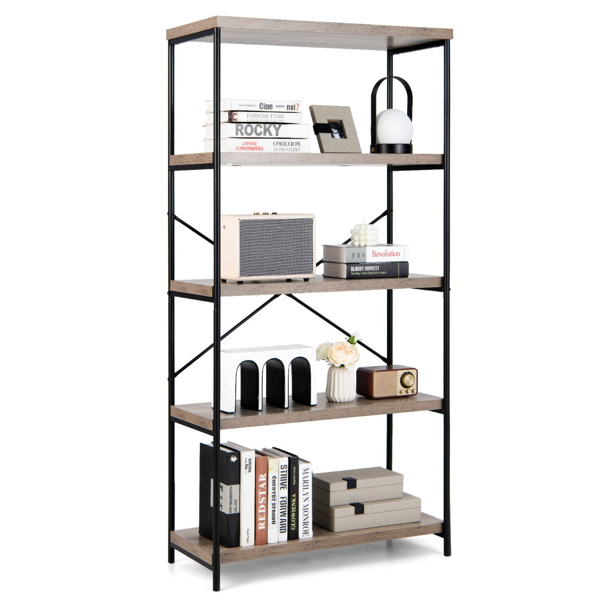 Freestanding Wooden 5-Tier Storage Bookshelf-Grey