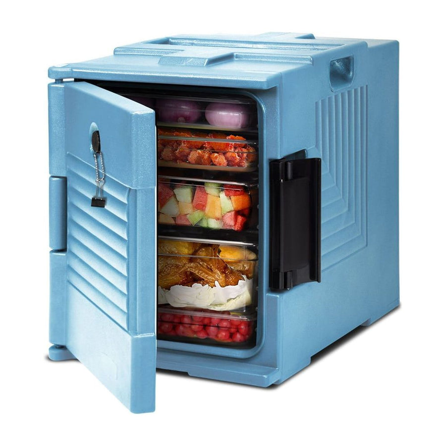 Front-Loading Insulated Food Pan Carrier for 6 Full-Size Pans in blue, with its door open showing food containers inside