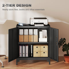 HOMCOM Lockable Metal Filing Cabinet, 2-Tier Storage Cupboard with Double Doors, Modern Office Organiser, Black