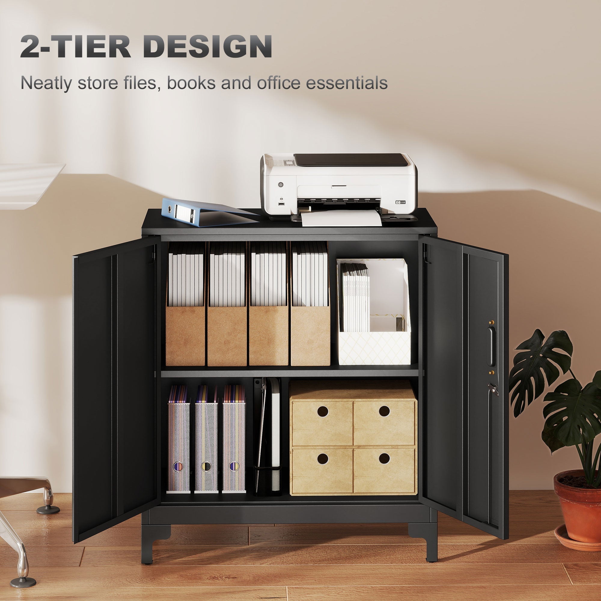 HOMCOM Lockable Metal Filing Cabinet, 2-Tier Storage Cupboard with Double Doors, Modern Office Organiser, Black