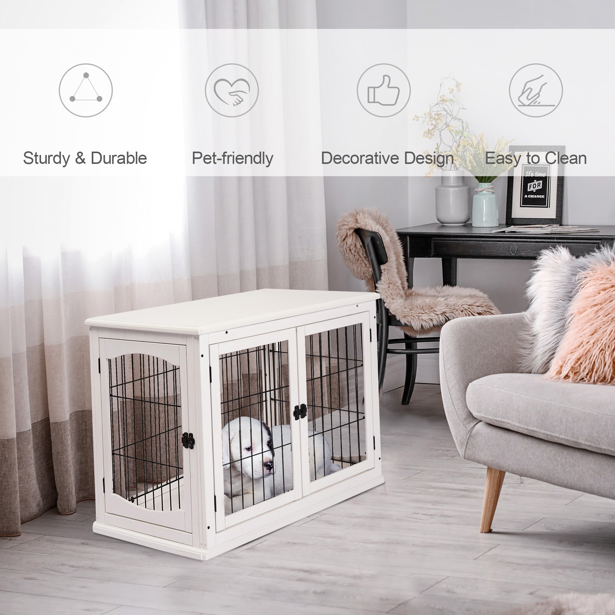 PawHut Dog Crate Furniture, Puppy Crate End Table, Pet Kennel House with 2 Doors for Medium and Small Dogs, 81 x 58.5 x 66 cm, White