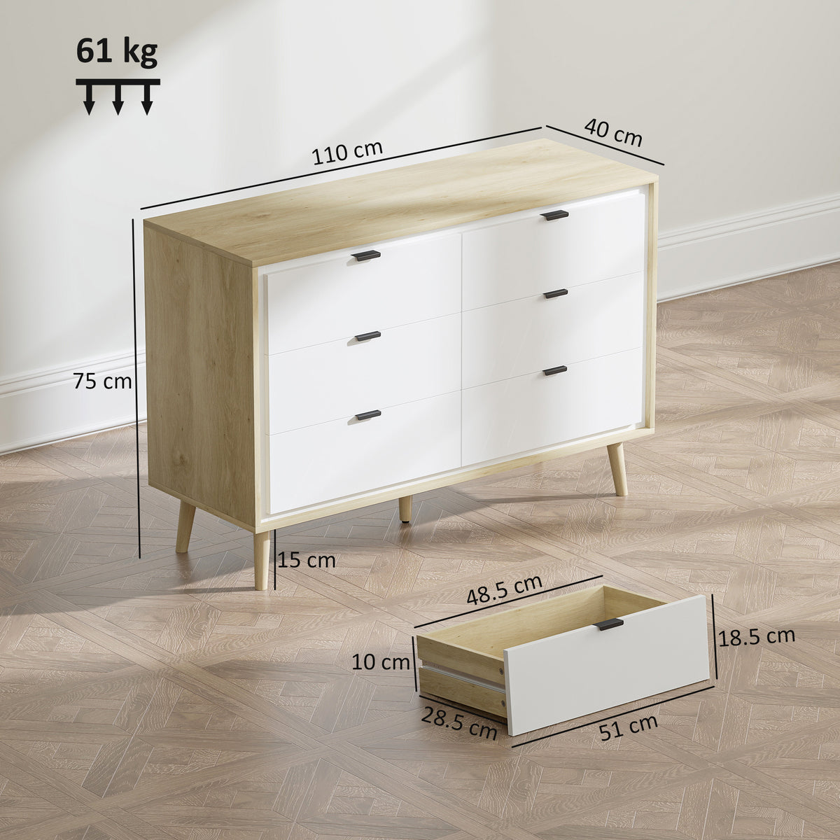 HOMCOM Storage Cabinet, Chest of Drawers with 6 Drawers and 5 Legs for Bedroom, High Gloss White