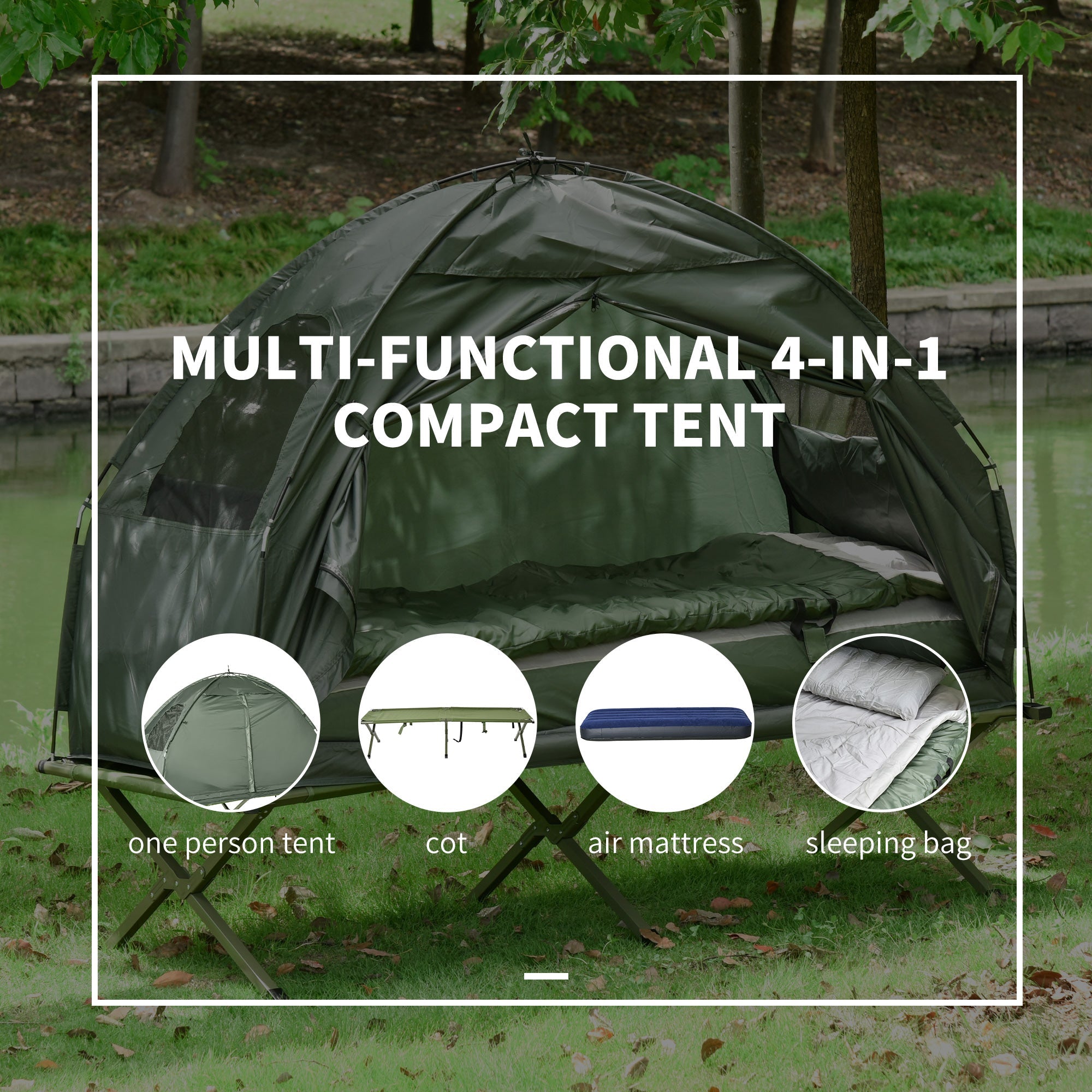 Outsunny Single Bed for Camping Foldable Camping Bed with Mattress for 1-Person Camping & Hiking, Green