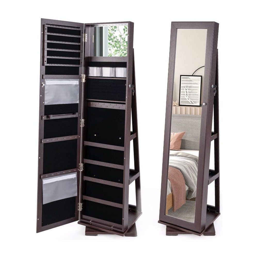 Full Length Mirrored Jewellery Cabinet Rotates 360° with display shelves in coffee colour