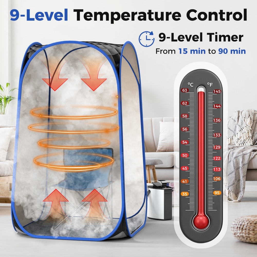 Inside the spa tent showing temperature control and timer functions