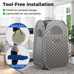 The portable steam tent and chair being packed for storage