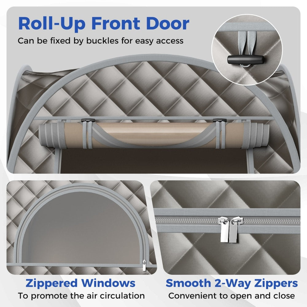 The steam tent's roll-up front door and zipped windows