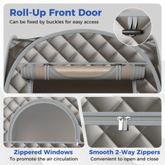 The steam tent's roll-up front door and zipped windows