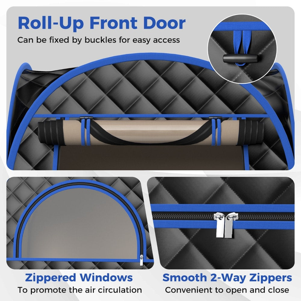 Detail of the spa tent showing the roll-up front door and zipped windows