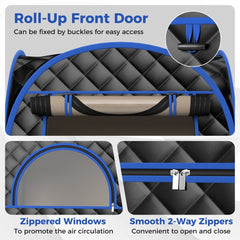 Detail of the spa tent showing the roll-up front door and zipped windows