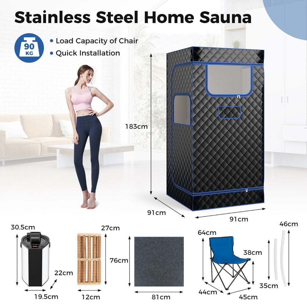 A diagram showing the dimensions and load capacity of the home sauna, with included items