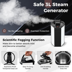 Close up of the safe 3L steam generator with explosion-proof glass lid and stainless steel inner pot