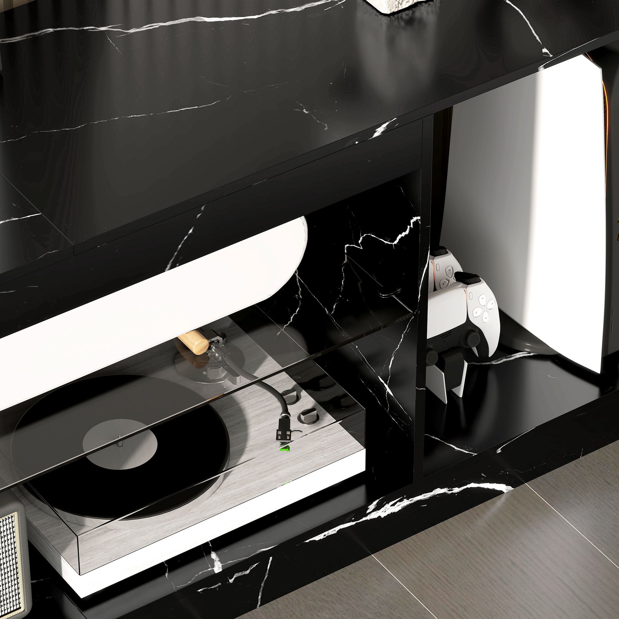 HOMCOM TV Stand Cabinet, Marble Effect TV Unit for up to 55" TVs with Glass Shelf and Storage Cabinet, Entertainment Unit for Living Room, Bedroom, Black