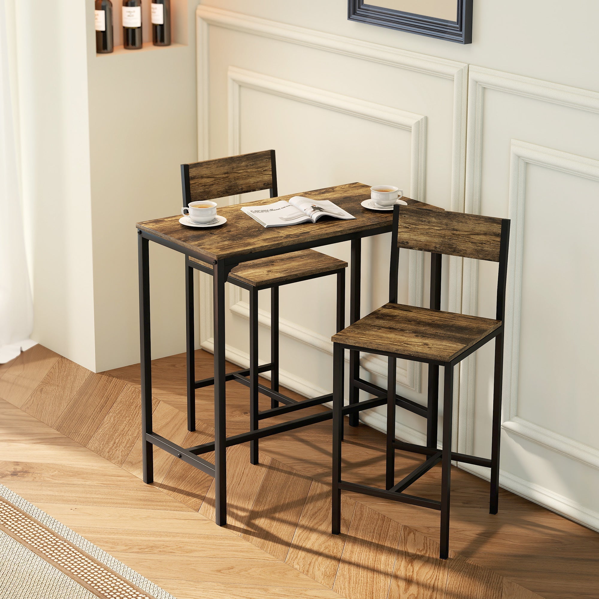 HOMCOM 3-Piece Bar Table Set with 2 Stools, Industrial Breakfast Bar Set with Footrest, Backrest for Dining Room, Small Space