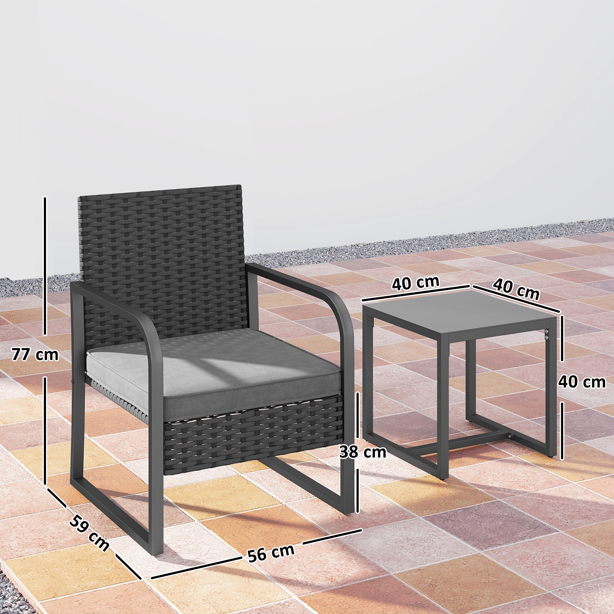 Outsunny Rattan Bistro Set, 3 Piece Garden Furniture Set with Cushions and Glass Top Table, Black