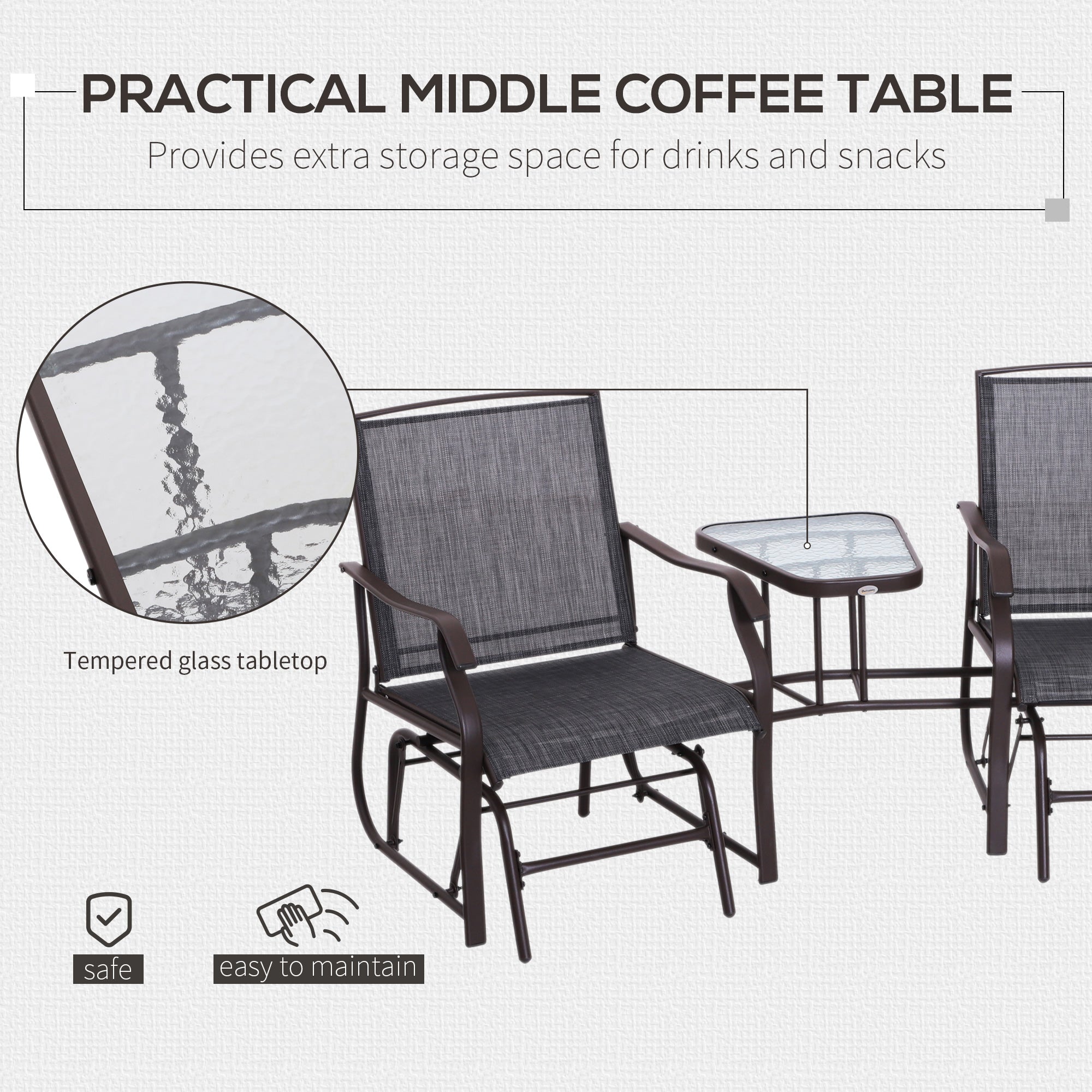 Outsunny Gliding Jack and Jill Seat, with Glass-Top Table - Brown/Grey