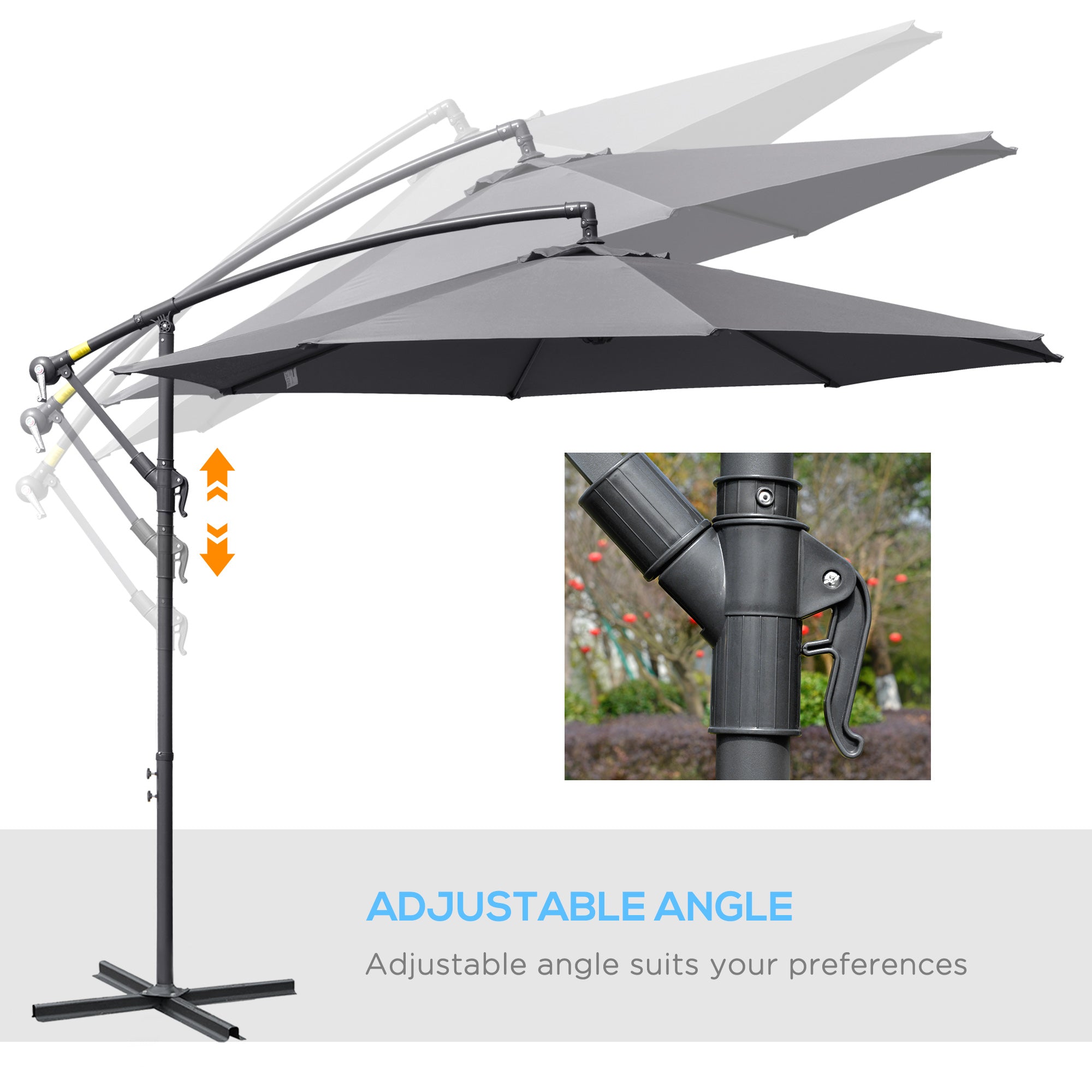 Outsunny 3(m) Garden Parasol Sun Shade Patio Banana Hanging Umbrella Cantilever with Crank Handle and Cross Base Grey