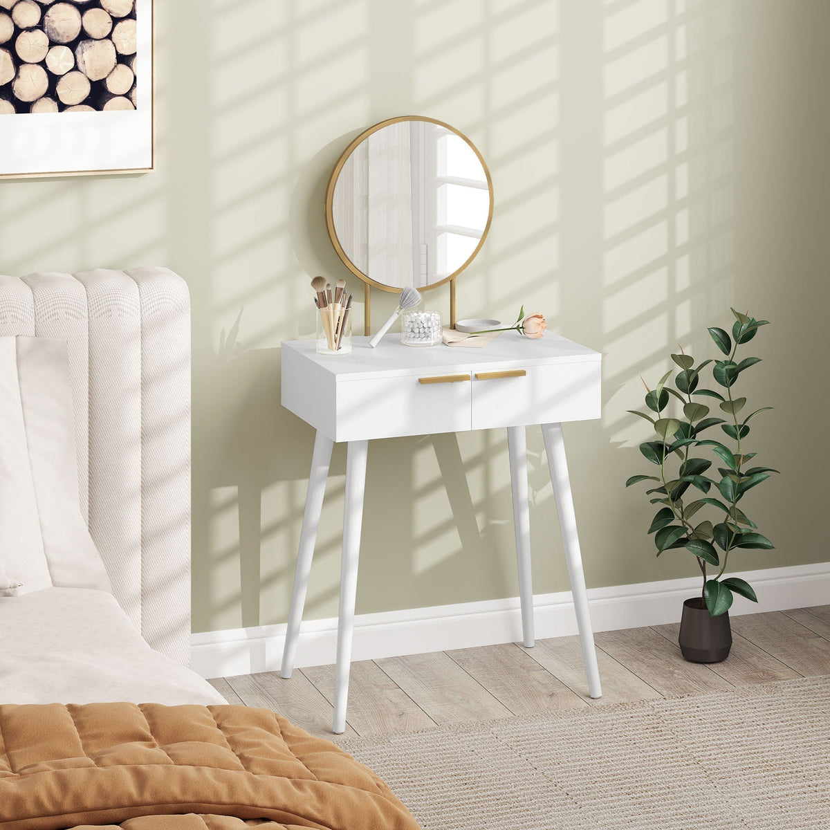 HOMCOM Elegant Dressing Table, with Round Mirror, 60 x 40 x 123 cm - White