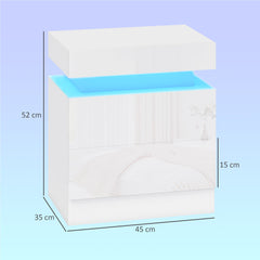 HOMCOM White Bedside Table with LED Light, High Gloss Front Nightstand with 2 Drawers, for Living Room, Bedroom, Set of 2