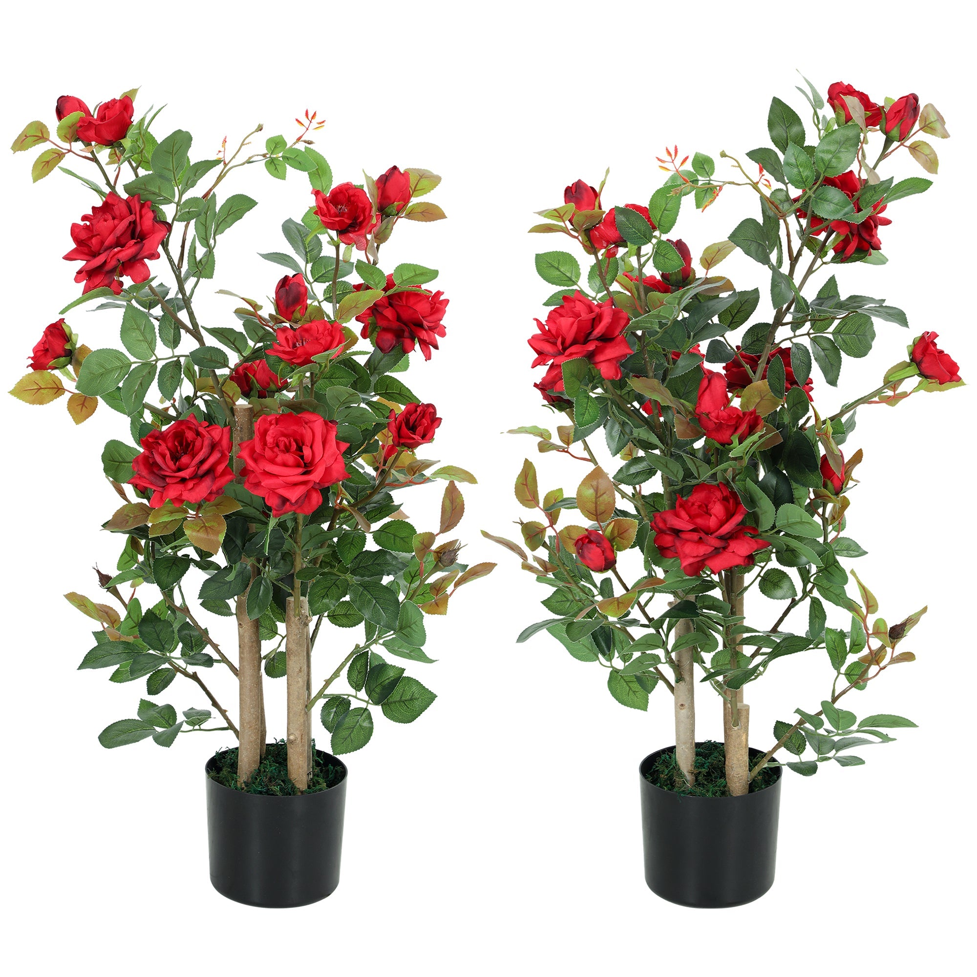 HOMCOM 90cm Artificial Rose Tree Set of 2, Decorative Fake Plant with 344 Silk Leaves 17 Flowers for Outdoor Indoor Decor, Red