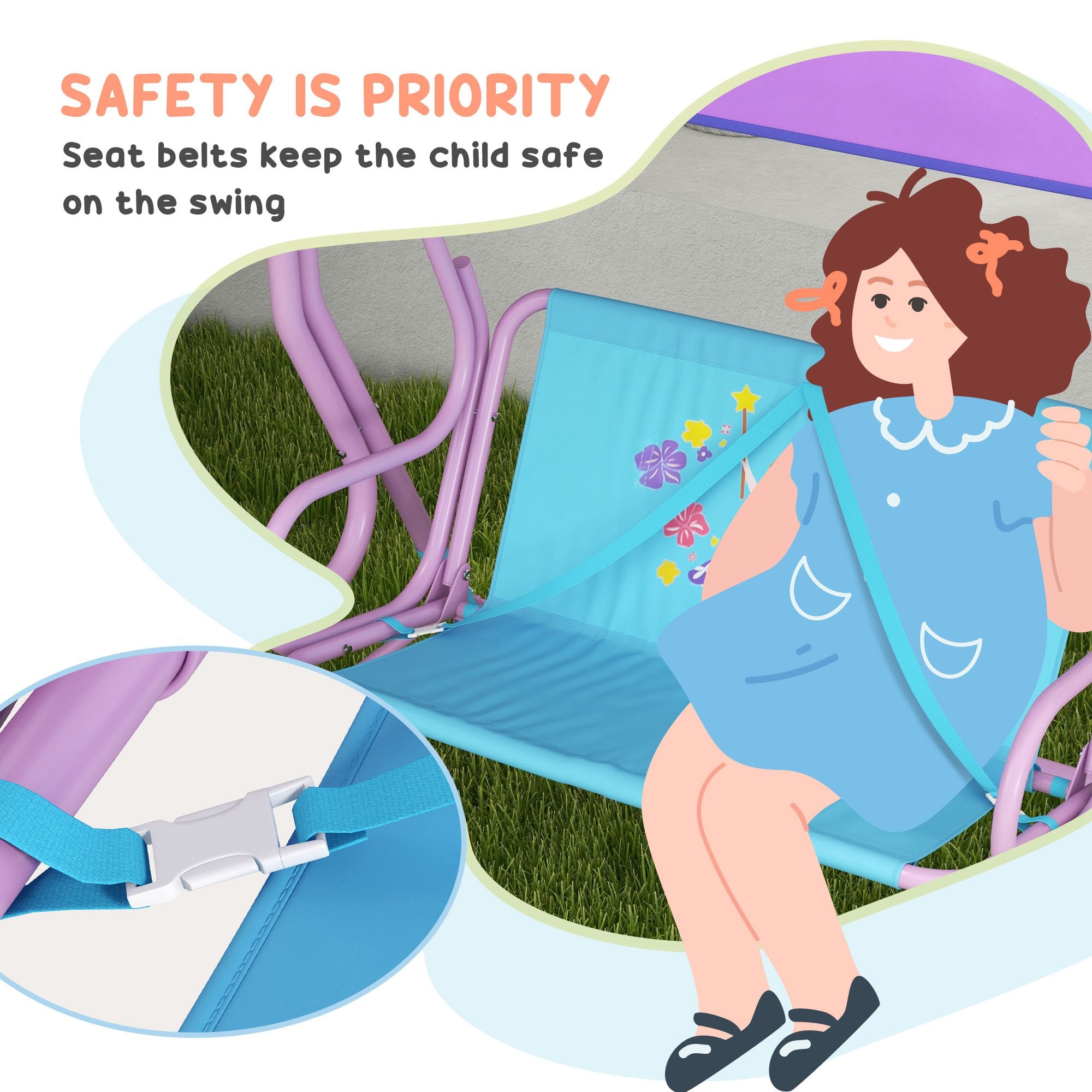 Outsunny Two Seater Kids Garden Swing, Fairy Themed kids Swing Chair with Adjustable Canopy, Safety Belts for Outdoor Use