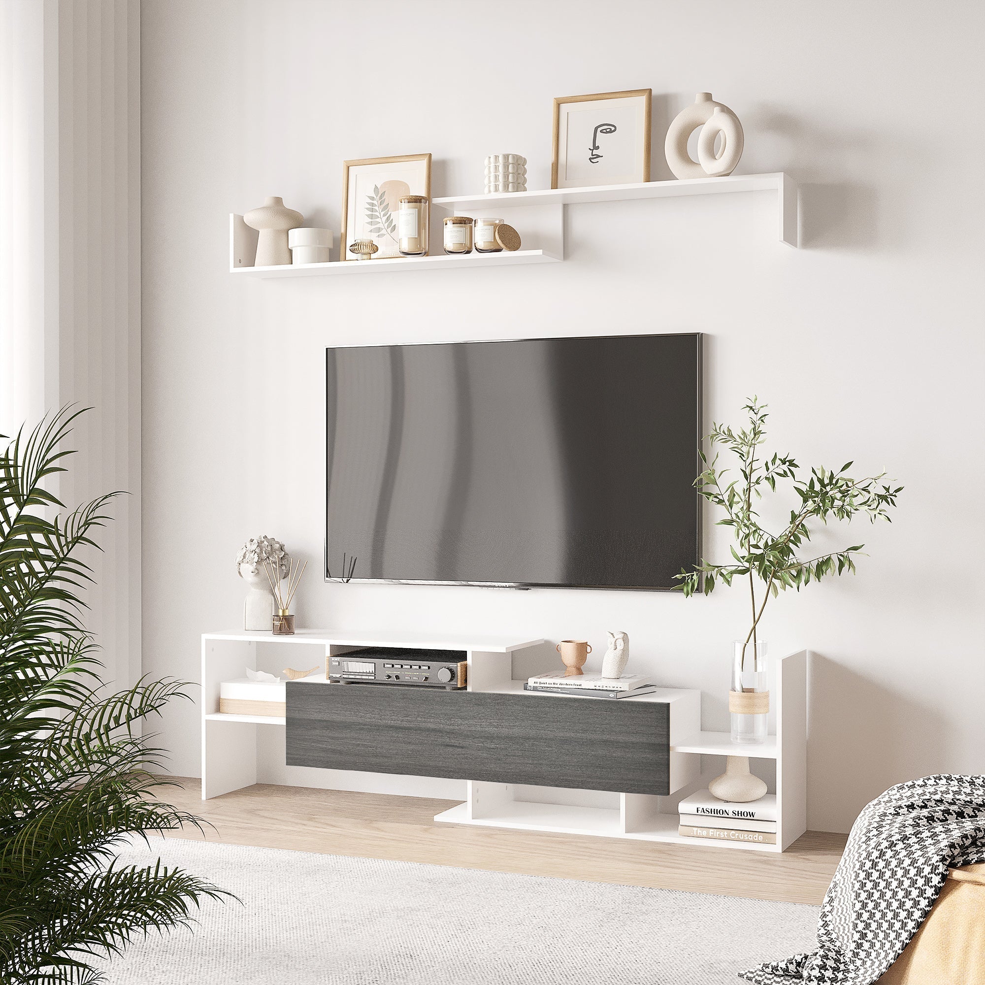 HOMCOM TV Cabinet with Wall Shelf for Wall-Mounted 65" TVs or Standing 40" TVs - White and Grey