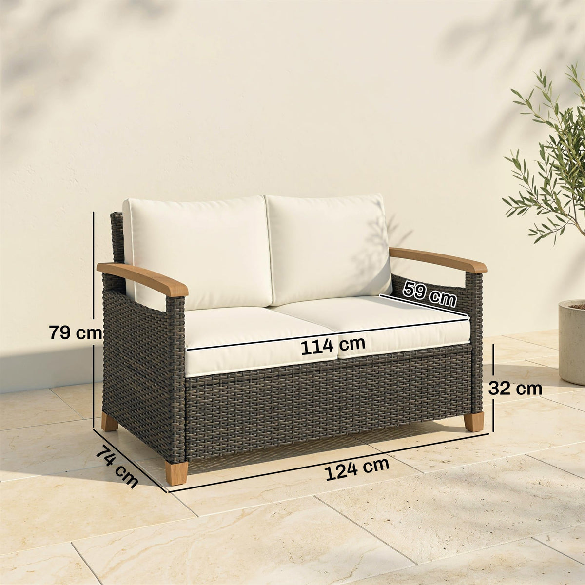 Outsunny 2 Seater Rattan Garden Sofa, Outdoor Sofa with Thickened Cushions and Acacia Wood Armrests, Brown