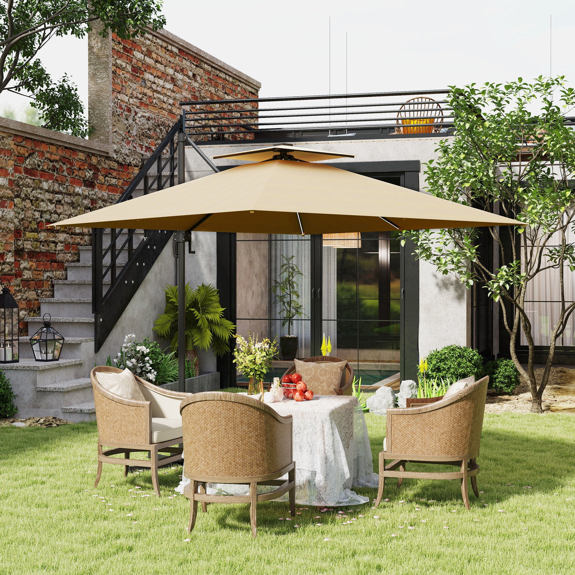 Outsunny 2.5m Cantilever Parasol with Solar Powered LED Lights, 360√Ç¬∞ Rotation, Tilt Adjustment, Crank Handle, Khaki