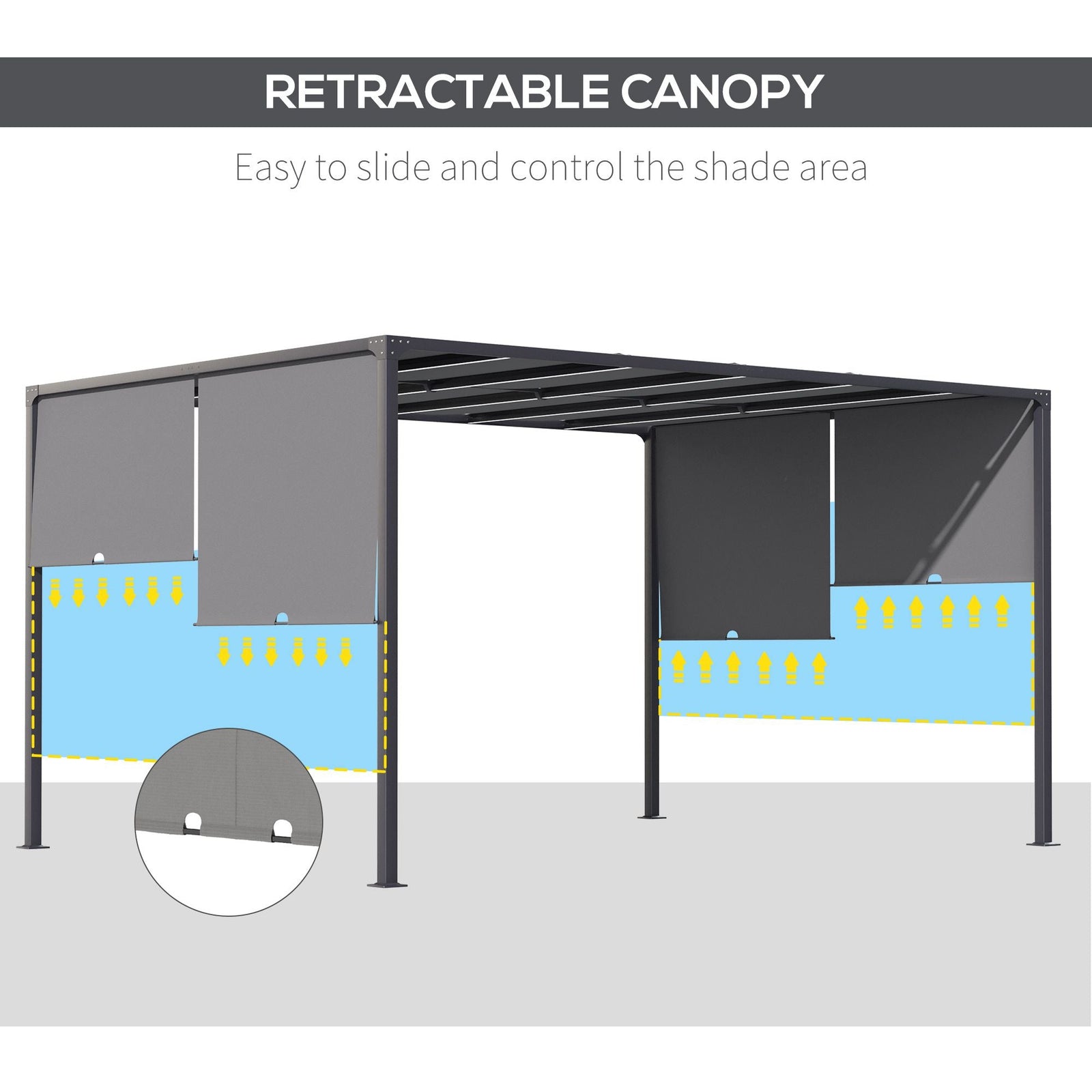 Outsunny 3(m) x 4m Metal Pergola with LED Lights, Outdoor Garden Pergola with Sliding Roof, Solar Powered, for BBQ, Lawn, Dark Grey