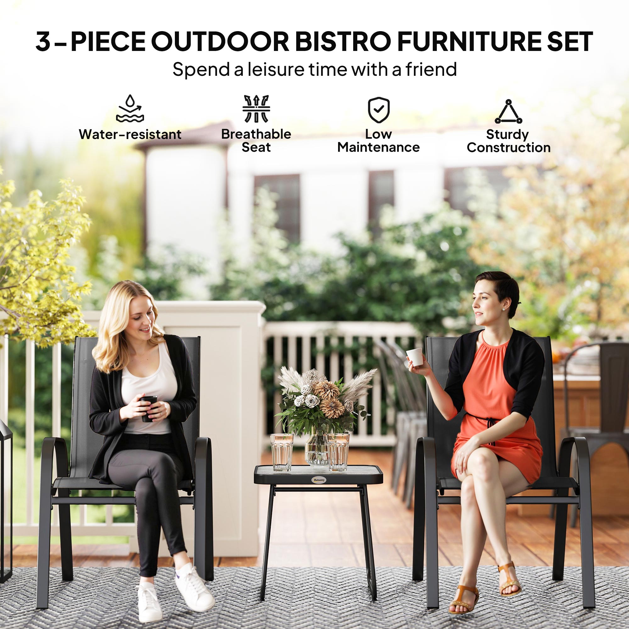 Outsunny 3 Pieces Outdoor Bistro Set, Patio Stackable Armchairs with Breathable Mesh Fabric and SPC Board Coffee Table, Black