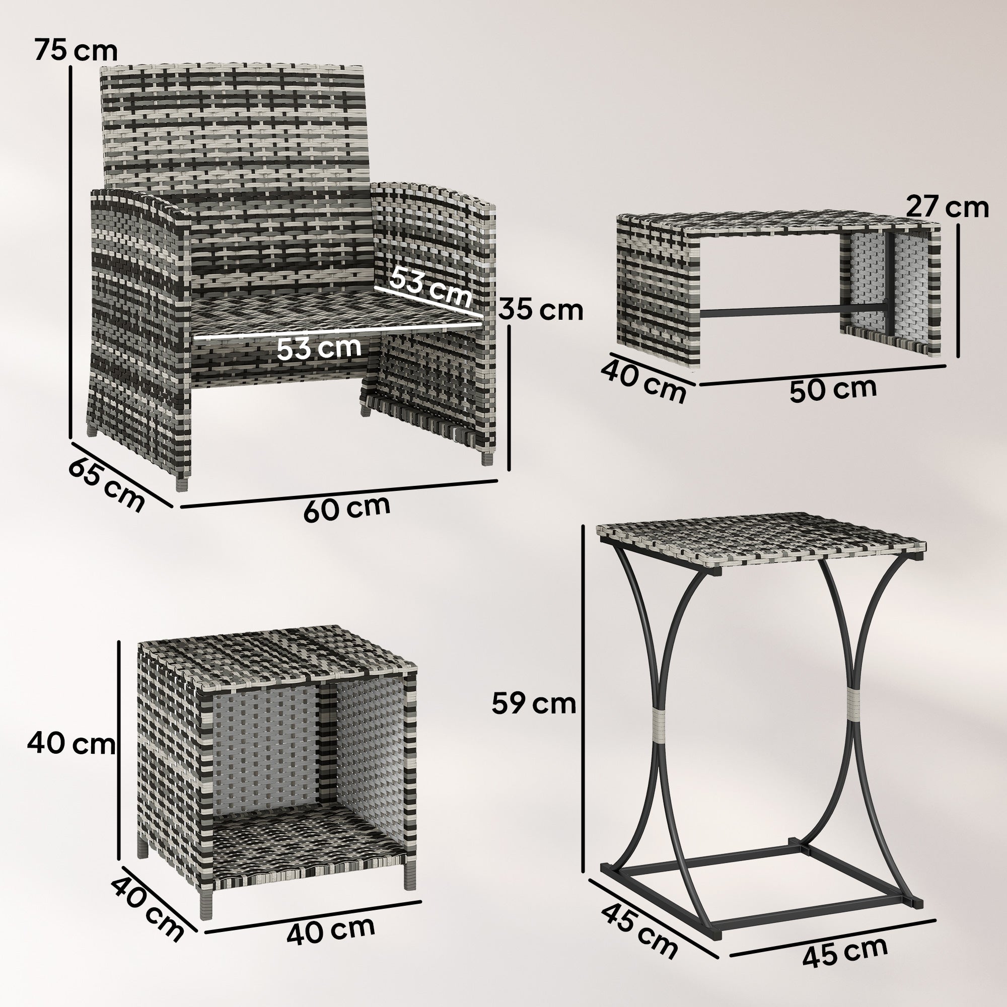 Outsunny 6 Piece Rattan Garden Furniture, Space-Saving Patio Furniture Set with Nesting Tables, Chairs, Stools, Cushions, Grey