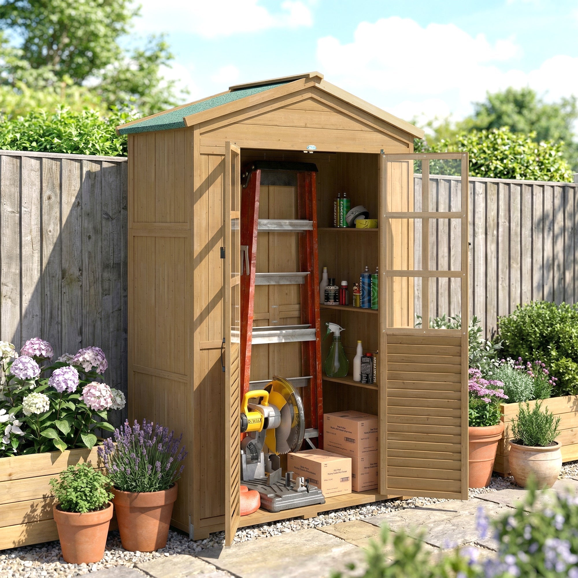 Outsunny Outdoor Wooden Storage Cabinet, Garden Tool Shed with Acrylic Windows for Patio, Light Brown