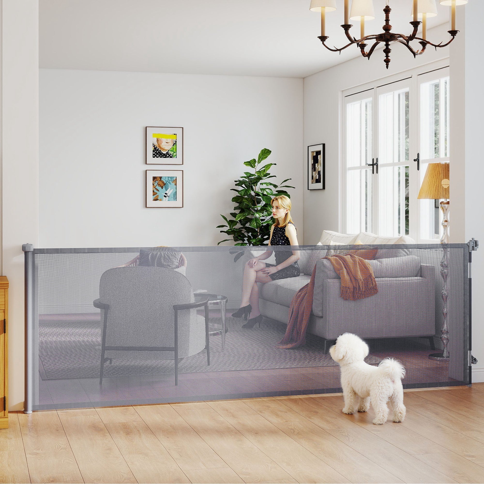 PawHut Retractable Dog Gate, Extends to 300 cm Wide & 104 cm Tall, Mesh Pet Gate Single Hand Operation, for Stairs Doorways