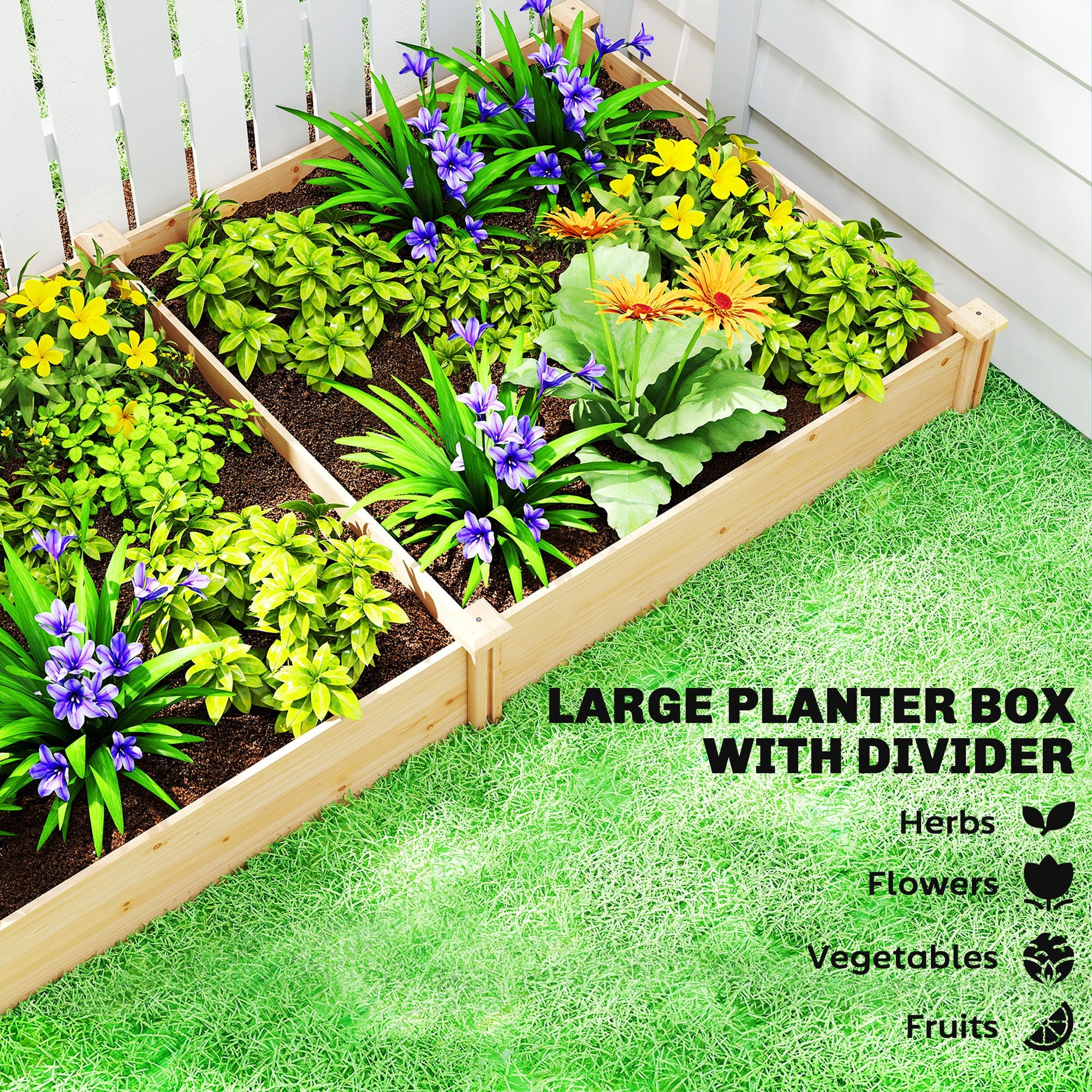 Outsunny Raised Garden Bed, Wooden Planter Box with Divider and Open Bottom for Flowers, Herbs, Vegetables, DIY Painting