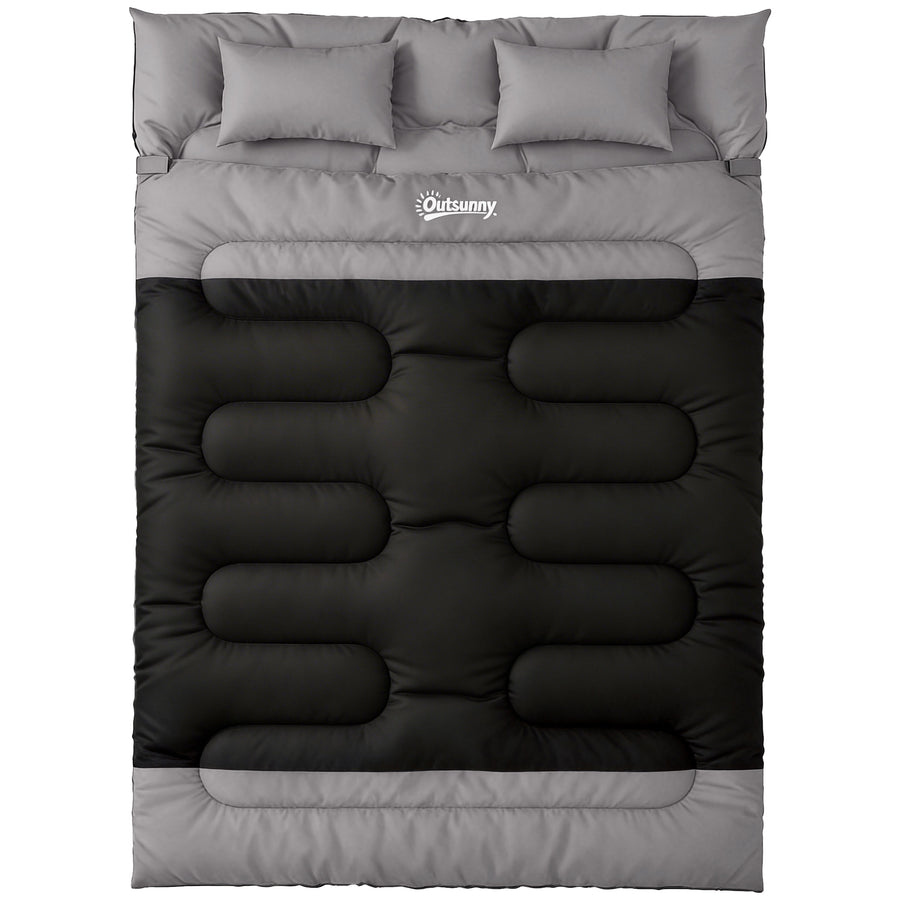 Outsunny Double Sleeping Bag with 2 Pillows, 220 x 160 cm Extra-Large Sleeping Bag for Adults, Black and Grey