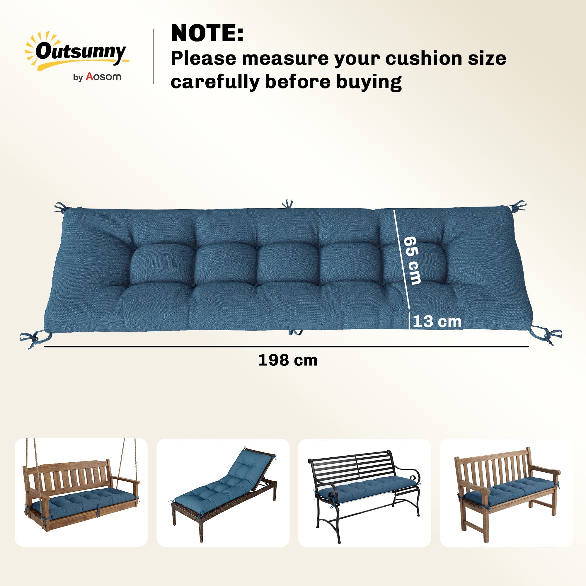 Outsunny Sun Lounger Cushion, Memory Foam Patio Chair Cushion with Ties, Outdoor Seat Pad Fits 190 x 60 cm Lounger, Blue